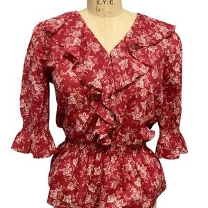 Lauren Floral Red Ruffle Peplum Women's Cotton Blouse Size Small Petite